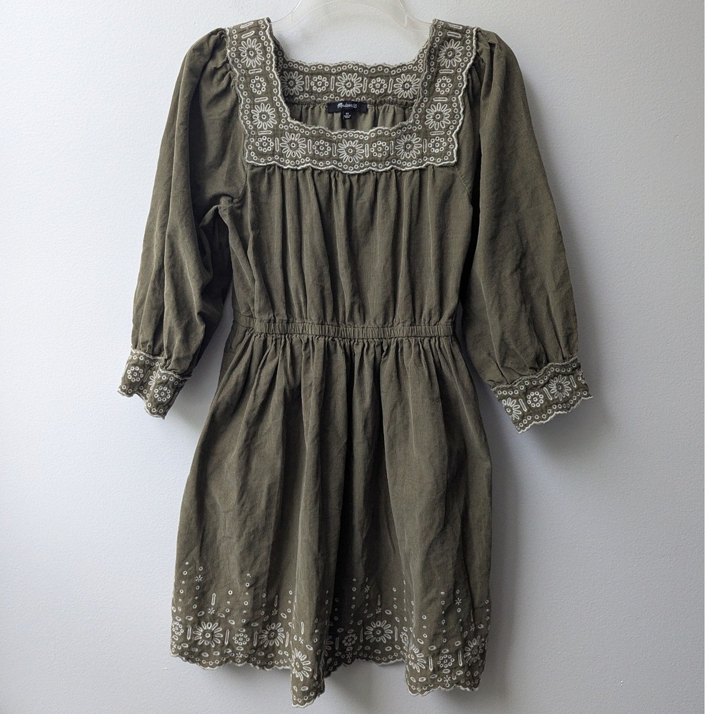 Madewell Corduroy Mini Dress Olive Green Eyelet Embroidered XS Fit & Flare Boho